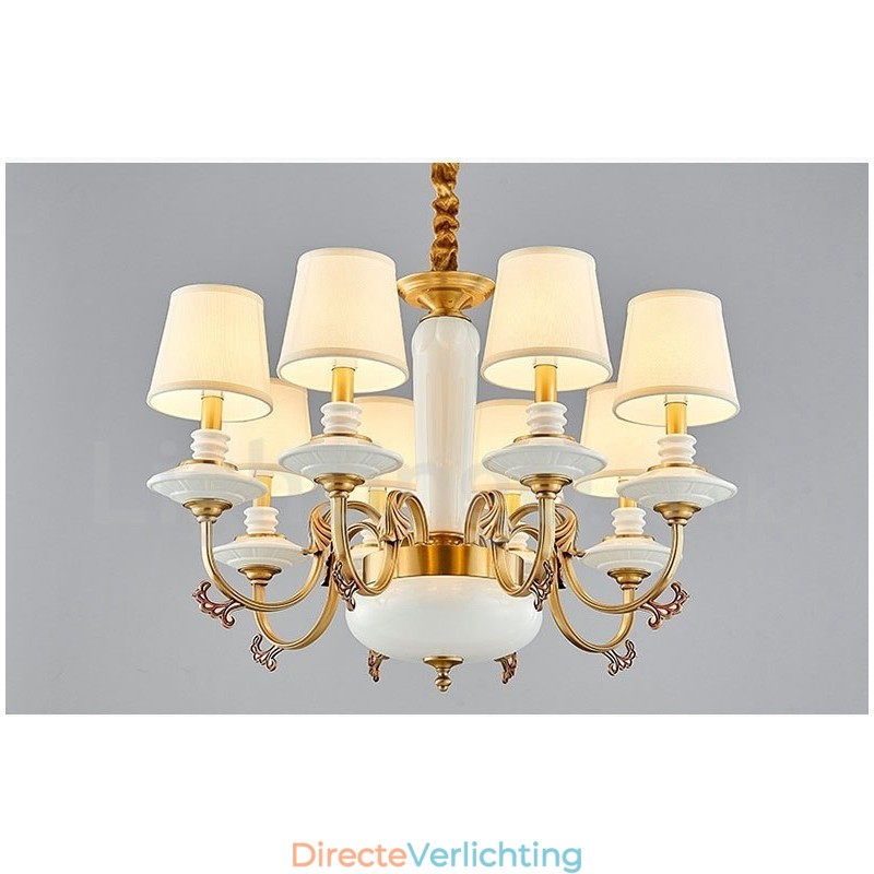 Retro Vintage Messing Keramiek Hangende Kaars Kroonluchter met Stoffen Kapjes