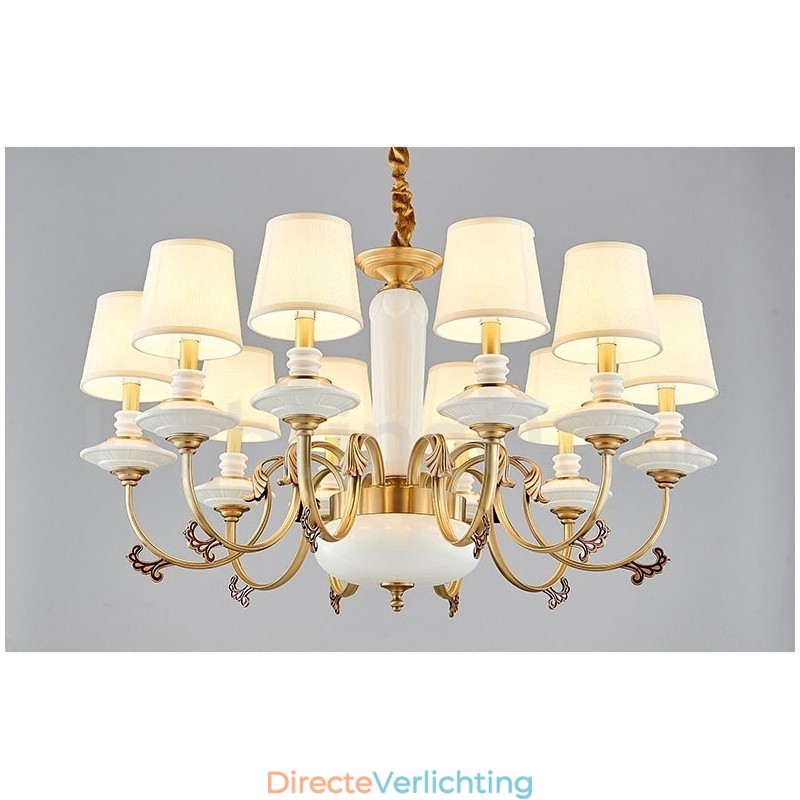 Retro Vintage Messing Keramiek Hangende Kaars Kroonluchter met Stoffen Kapjes
