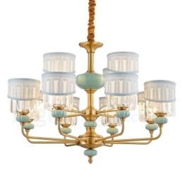 Luxe rustieke retro vintage messing keramiek hangkaars kroonluchter met stoffen en kristallen kappen