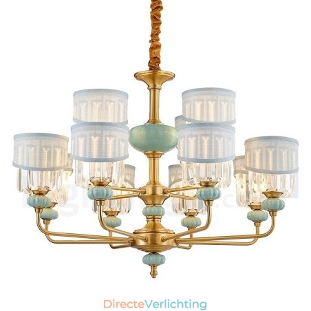 Luxe rustieke retro vintage messing keramiek hangkaars kroonluchter met stoffen en kristallen kappen Luxe rustieke retro vintage messing keramiek hangkaars kroonluchter met stoffen en kristallen kappen