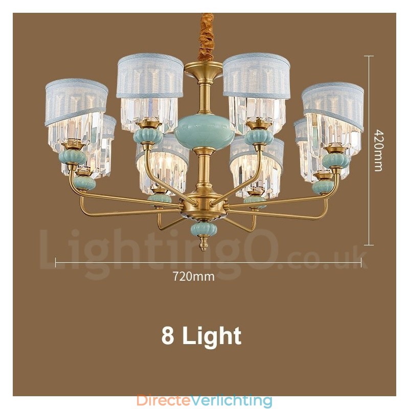 Luxe rustieke retro vintage messing keramiek hangkaars kroonluchter met stoffen en kristallen kappen