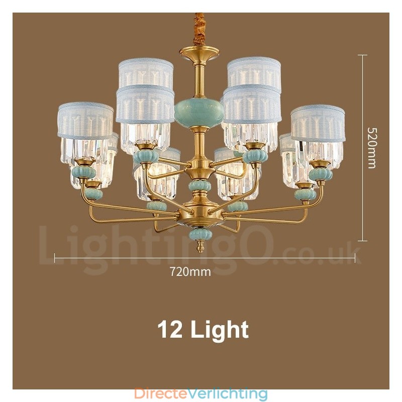 Luxe rustieke retro vintage messing keramiek hangkaars kroonluchter met stoffen en kristallen kappen
