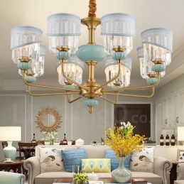 Luxe rustieke retro vintage messing keramiek hangkaars kroonluchter met stoffen en kristallen kappen
