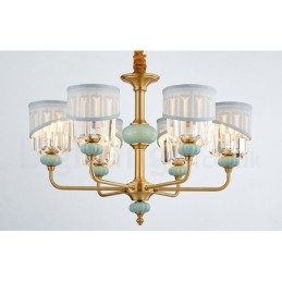 Luxe rustieke retro vintage messing keramiek hangkaars kroonluchter met stoffen en kristallen kappen