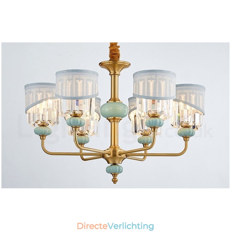 Luxe rustieke retro vintage messing keramiek hangkaars kroonluchter met stoffen en kristallen kappen