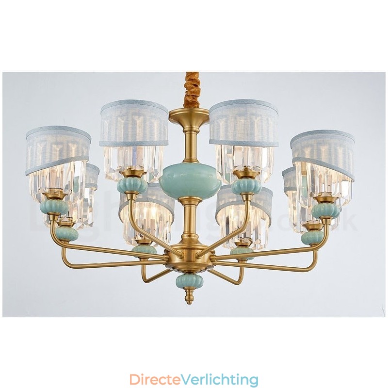 Luxe rustieke retro vintage messing keramiek hangkaars kroonluchter met stoffen en kristallen kappen