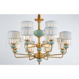 Luxe rustieke retro vintage messing keramiek hangkaars kroonluchter met stoffen en kristallen kappen