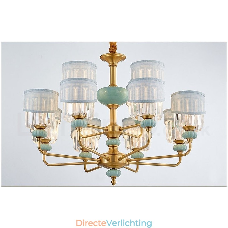 Luxe rustieke retro vintage messing keramiek hangkaars kroonluchter met stoffen en kristallen kappen
