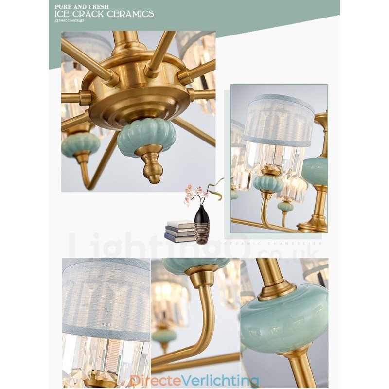 Luxe rustieke retro vintage messing keramiek hangkaars kroonluchter met stoffen en kristallen kappen