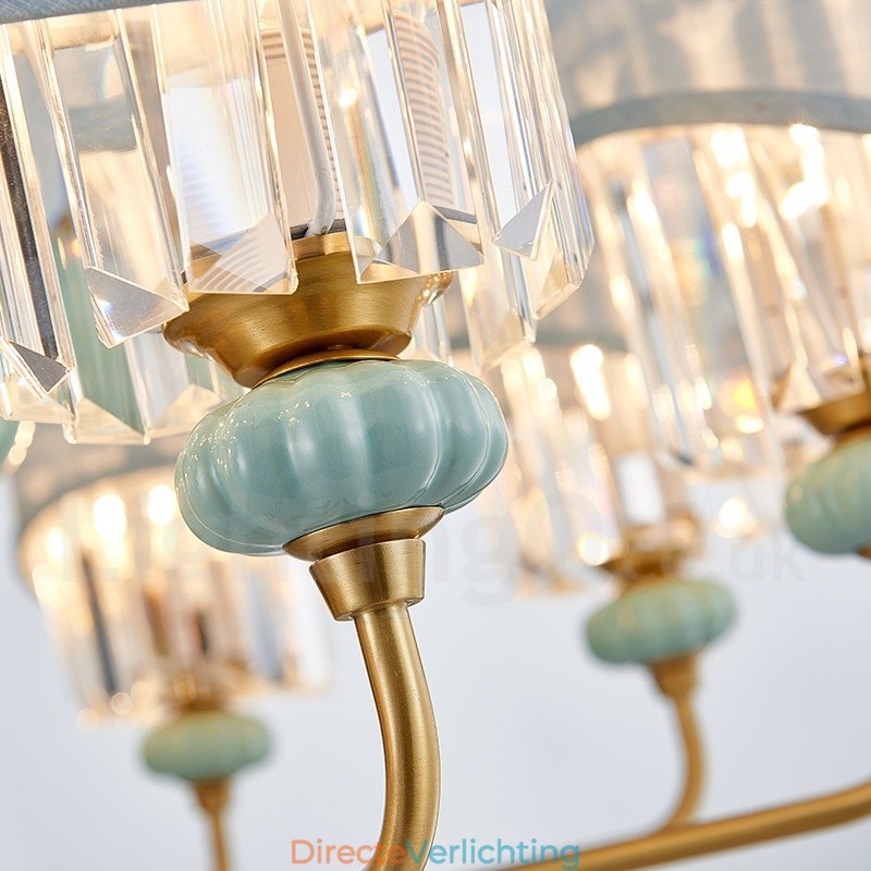 Luxe rustieke retro vintage messing keramiek hangkaars kroonluchter met stoffen en kristallen kappen