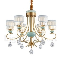 Luxe rustieke retro vintage messing keramiek hangkaars kroonluchter met stoffen en kristallen kappen