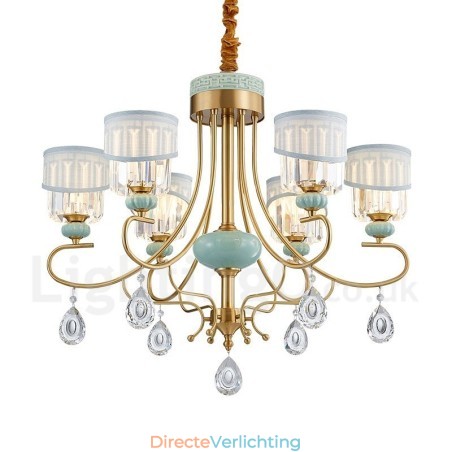 Luxe rustieke retro vintage messing keramiek hangkaars kroonluchter met stoffen en kristallen kappen Luxe rustieke retro vintage messing keramiek hangkaars kroonluchter met stoffen en kristallen kappen