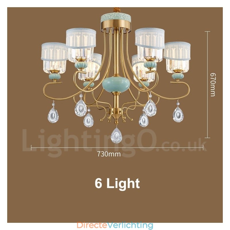 Luxe rustieke retro vintage messing keramiek hangkaars kroonluchter met stoffen en kristallen kappen
