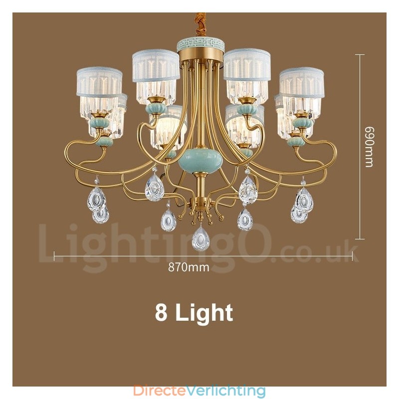 Luxe rustieke retro vintage messing keramiek hangkaars kroonluchter met stoffen en kristallen kappen