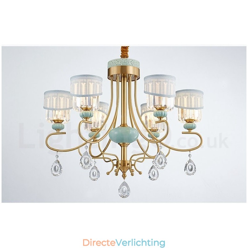 Luxe rustieke retro vintage messing keramiek hangkaars kroonluchter met stoffen en kristallen kappen