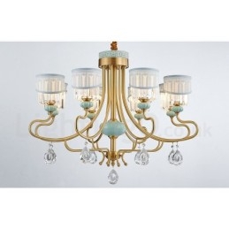 Luxe rustieke retro vintage messing keramiek hangkaars kroonluchter met stoffen en kristallen kappen