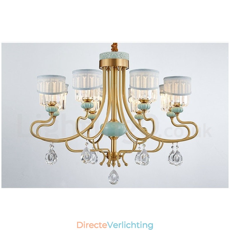 Luxe rustieke retro vintage messing keramiek hangkaars kroonluchter met stoffen en kristallen kappen