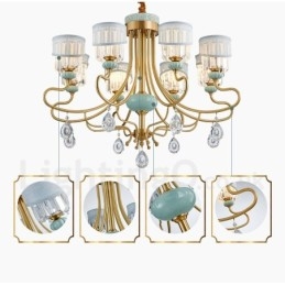Luxe rustieke retro vintage messing keramiek hangkaars kroonluchter met stoffen en kristallen kappen