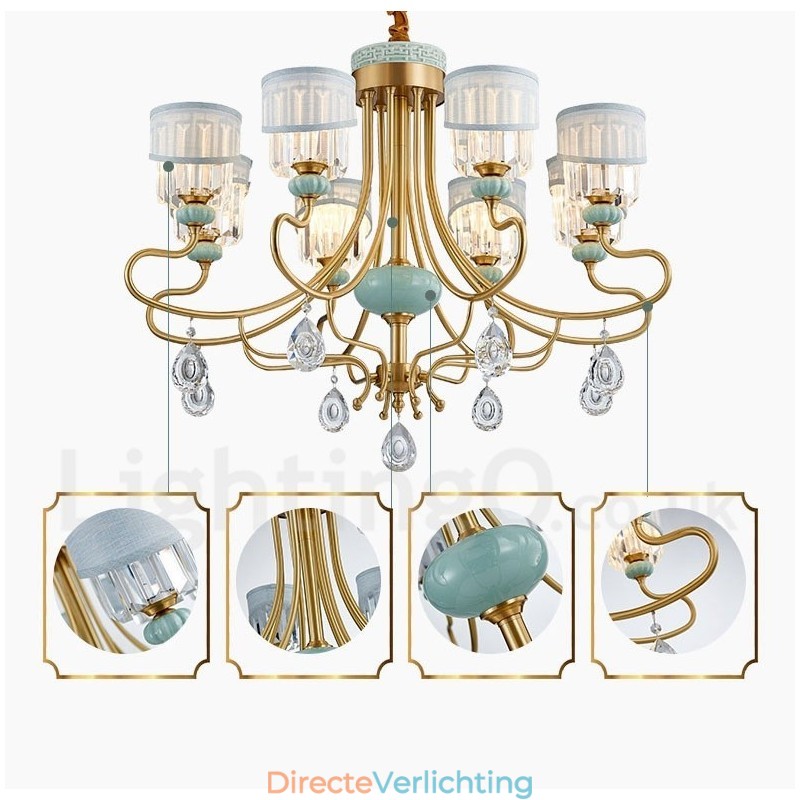 Luxe rustieke retro vintage messing keramiek hangkaars kroonluchter met stoffen en kristallen kappen
