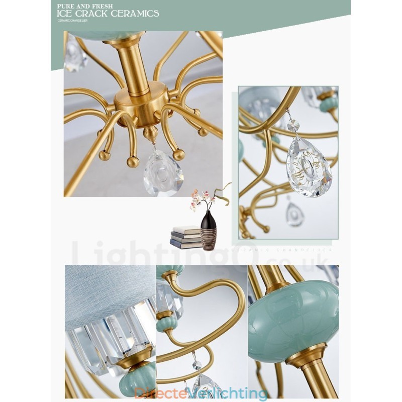 Luxe rustieke retro vintage messing keramiek hangkaars kroonluchter met stoffen en kristallen kappen