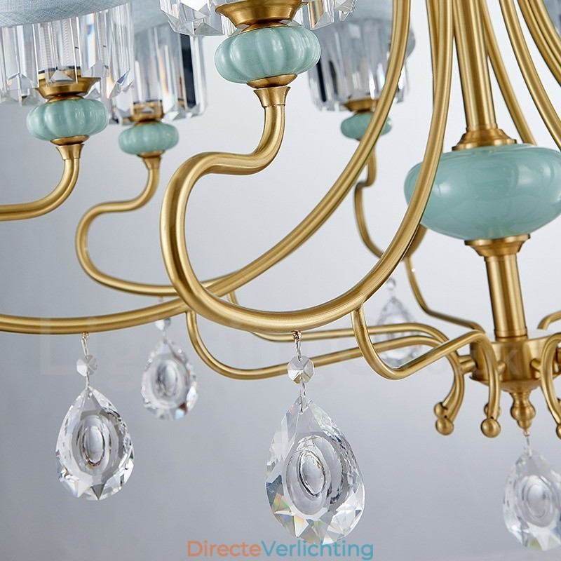 Luxe rustieke retro vintage messing keramiek hangkaars kroonluchter met stoffen en kristallen kappen