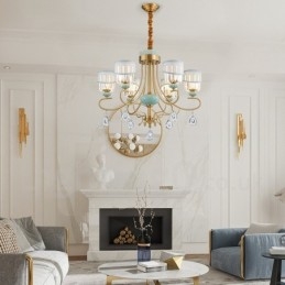 Luxe rustieke retro vintage messing keramiek hangkaars kroonluchter met stoffen en kristallen kappen