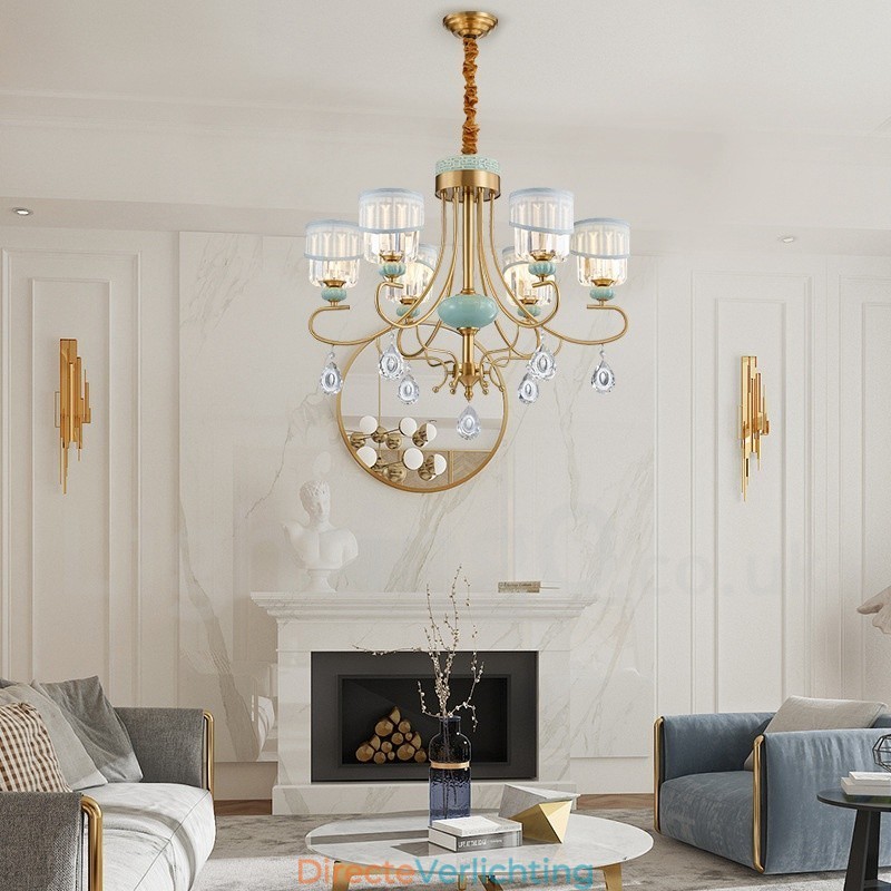 Luxe rustieke retro vintage messing keramiek hangkaars kroonluchter met stoffen en kristallen kappen