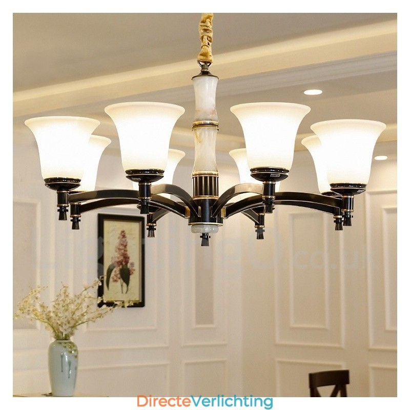 Puur messing luxe rustieke retro vintage messing stenen hanger kaars kroonluchter met glazen kappen