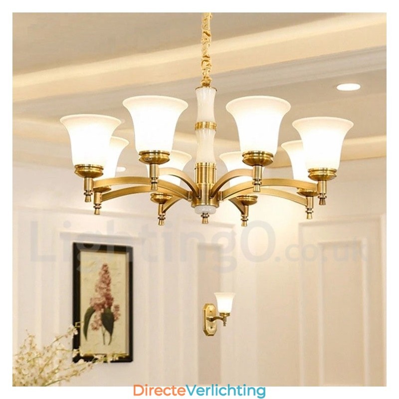Puur messing luxe rustieke retro vintage messing stenen hanger kaars kroonluchter met glazen kappen
