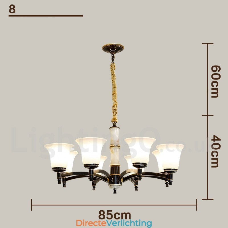 Puur messing luxe rustieke retro vintage messing stenen hanger kaars kroonluchter met glazen kappen