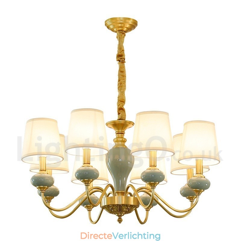 Luxe rustieke retro vintage messing keramiek hanglamp met stoffen kappen