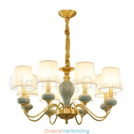Luxe rustieke retro vintage messing keramiek hanglamp met stoffen kappen Luxe rustieke retro vintage messing keramiek hanglamp met stoffen kappen