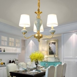 Luxe rustieke retro vintage messing keramiek hanglamp met stoffen kappen