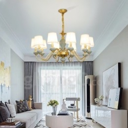 Luxe rustieke retro vintage messing keramiek hanglamp met stoffen kappen