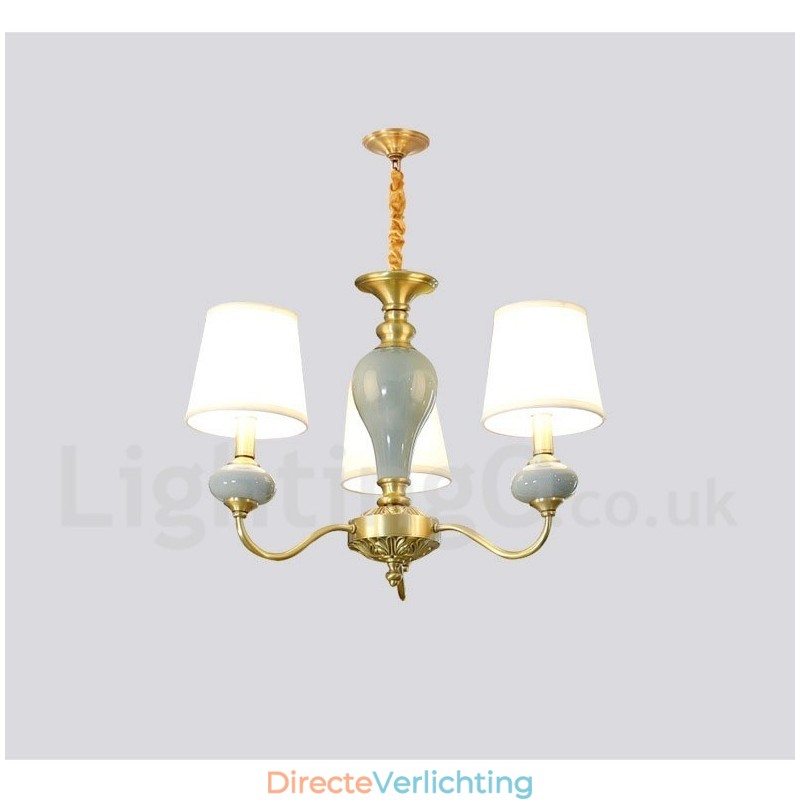 Luxe rustieke retro vintage messing keramiek hanglamp met stoffen kappen