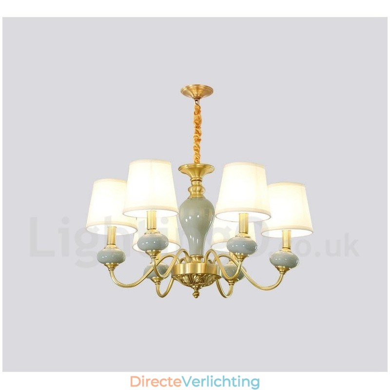 Luxe rustieke retro vintage messing keramiek hanglamp met stoffen kappen