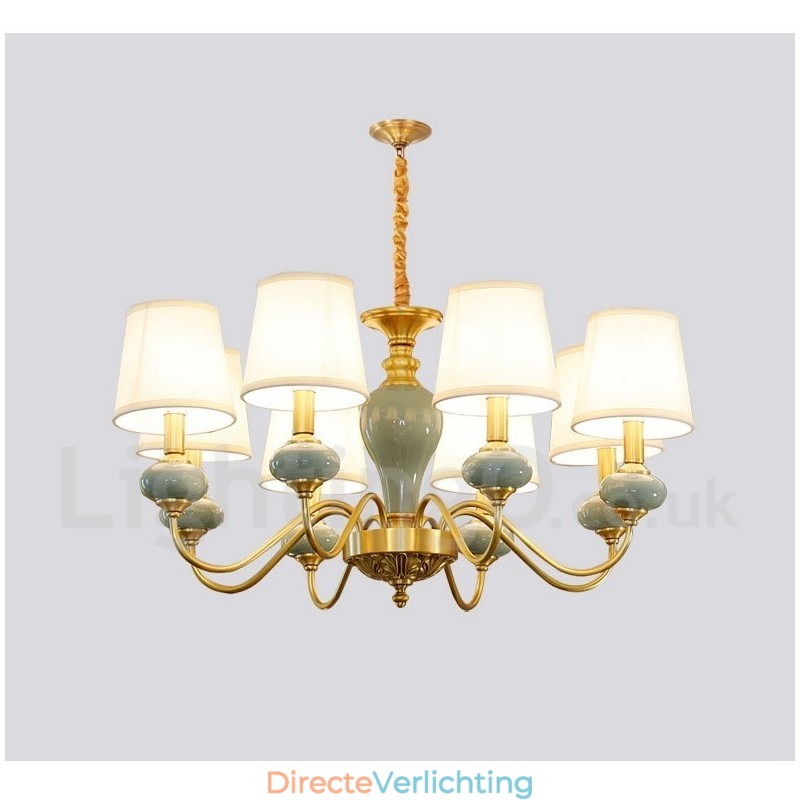Luxe rustieke retro vintage messing keramiek hanglamp met stoffen kappen