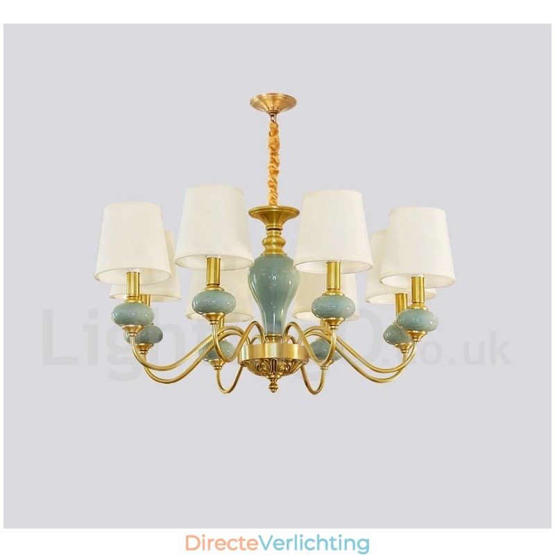 Luxe rustieke retro vintage messing keramiek hanglamp met stoffen kappen