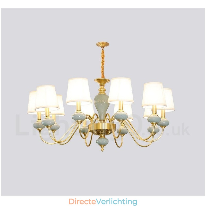 Luxe rustieke retro vintage messing keramiek hanglamp met stoffen kappen