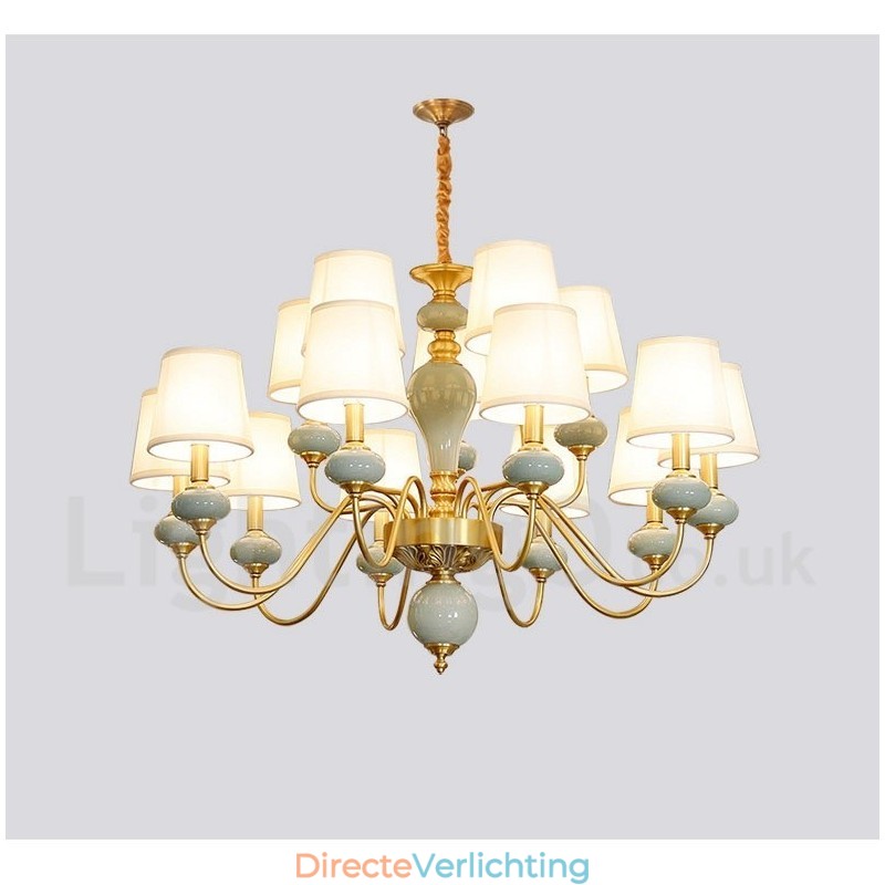 Luxe rustieke retro vintage messing keramiek hanglamp met stoffen kappen