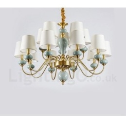 Luxe rustieke retro vintage messing keramiek hanglamp met stoffen kappen
