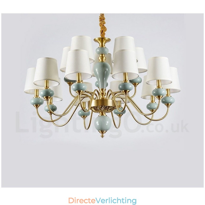 Luxe rustieke retro vintage messing keramiek hanglamp met stoffen kappen
