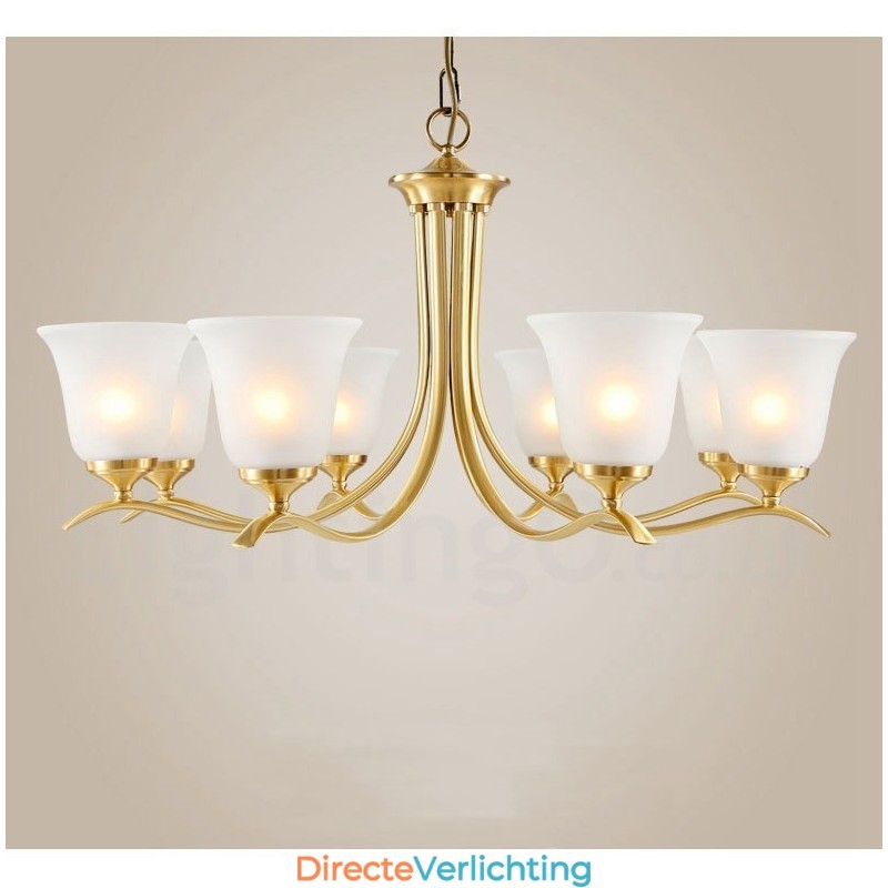 Luxe rustieke retro vintage kroonluchter van puur messing met hangende kaarsen en glazen kappen