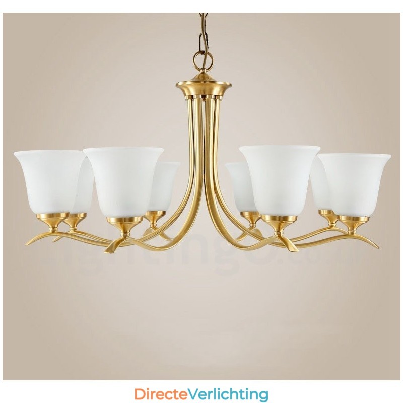 Luxe rustieke retro vintage kroonluchter van puur messing met hangende kaarsen en glazen kappen