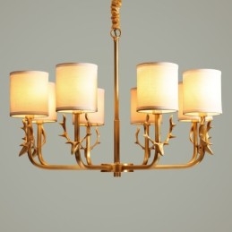 Luxe rustieke retro vintage kroonluchter van puur messing met hangkaars en stoffen kappen