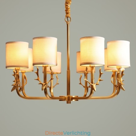 Luxe rustieke retro vintage kroonluchter van puur messing met hangkaars en stoffen kappen Luxe rustieke retro vintage kroonluchter van puur messing met hangkaars en stoffen kappen