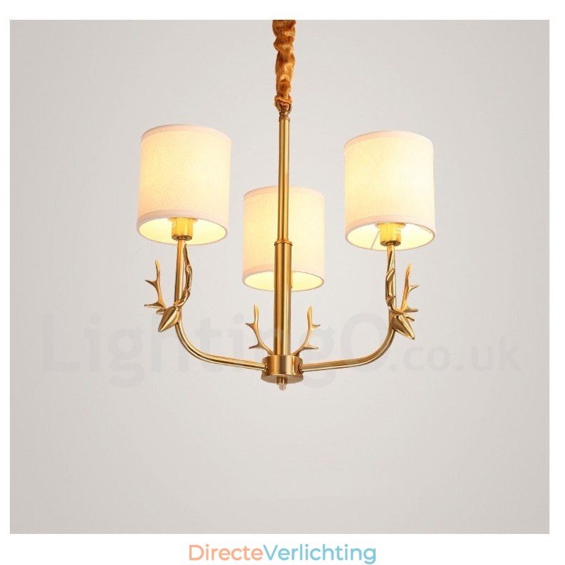 Luxe rustieke retro vintage kroonluchter van puur messing met hangkaars en stoffen kappen