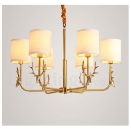 Luxe rustieke retro vintage kroonluchter van puur messing met hangkaars en stoffen kappen