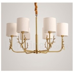 Luxe rustieke retro vintage kroonluchter van puur messing met hangkaars en stoffen kappen