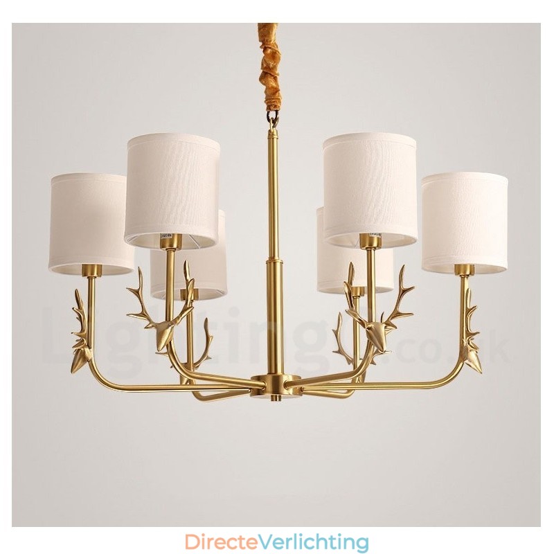 Luxe rustieke retro vintage kroonluchter van puur messing met hangkaars en stoffen kappen